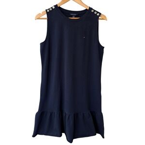 Tommy Hilfiger Navy Blue Sleeveless Ruffle Hem Shift Dress Gold Buttons Small
